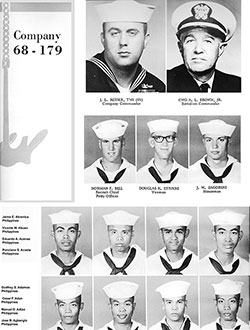 GGA Image ID # 235e36b998. Click to View a Larger Image. Company 68-179 Recruits, Page 1 (TM1 (SS) J. L. Reider, CWO A. L. Brown, Jr., RCPO Norman F. Bell, Recruit YN Douglas K. Stivers, Honorman J. W. Zagorski, and Phillipino Recruits Abrenica-Agbanglo).