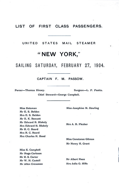 GGA Image ID # 22bac9ec0d Title Page, Senior Officers, List of Passengers, Part 1 (Miss Bateman to Mrs. Julia G. Hills). SS New York First Class Passenger List, 27 February 1904.