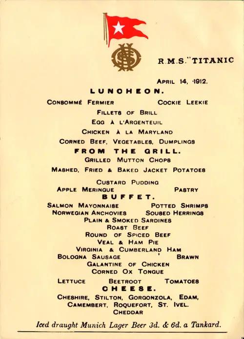 RMS Titanic Luncheon Menu 14 April 1912