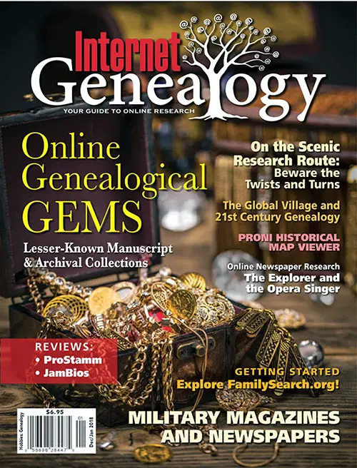 Front Cover, Internet Genealogy Magazine, December/January 2018 Issue, "Net Notes."