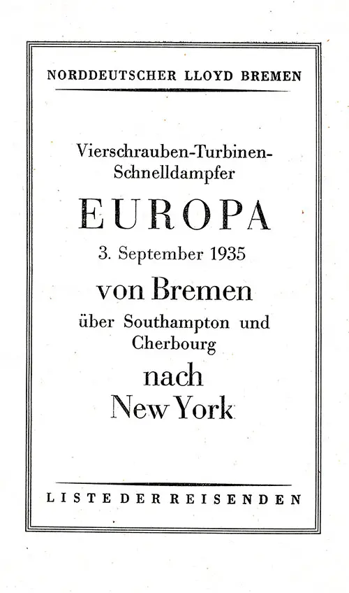 SS Europa Passenger List - 3 September 1935