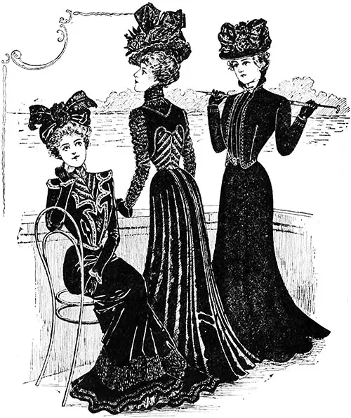 (Above Left) This Charming Costume Represents a Fancy Basque-Waist and Circular Skirt Shaped in Points and Extended by a Circular Flounce. (Above Center) This Costume Is Developed From French Foulé and Crape, With Tiny Bias Folds of Crape As Its Only Ornamental Features. (Above Right) Stylish Tailor Suit, Which Is Developed From Cheviot-Serge With a Simple Decoration of Machine-Stitching.