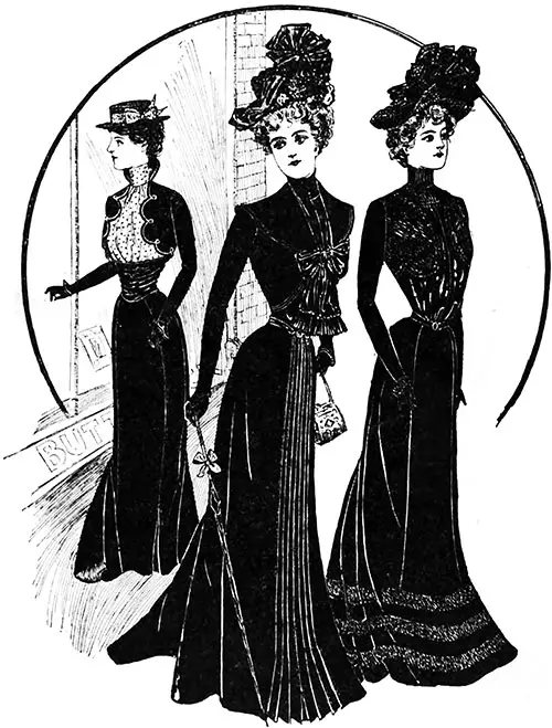 (Above Left) This attractive costume was developed from light-weight cheviot associated with white black-dotted India silk and peau de soie, narrow braid and machine stitching furnishing the decoration. (Above Center) The stylish blouse with fancy bolero in this street costume. (Above Right) Soft Henrietta cloth and crape are associated in this costume.